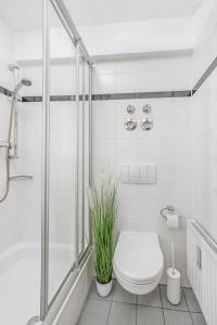 biała łazienka z toaletą i prysznicem w obiekcie Zwei Zimmer Wohnung im Stadtzentrum mit Tiefgaragenplatz w Monachium