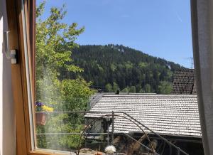 ventana con vistas a la montaña en Ferienwohnung Am Sonnenhang, en Enzklösterle