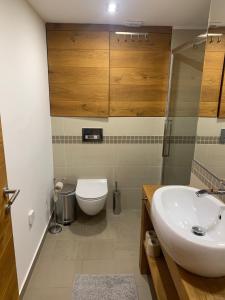 La salle de bains est pourvue d'un lavabo et de toilettes. dans l'établissement SeaHouse Apartments, à Piran