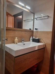 Un baño con un lavabo blanco y un espejo. en Finestra sul Cermis, en Carano