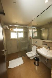 a bathroom with a shower and a toilet and a sink at Bella Vista Mahabaleshwar in Mahabaleshwar