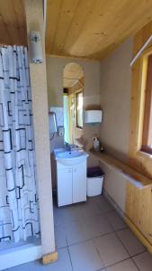 een badkamer met een wastafel en een spiegel bij Glamping-Dimbo in Krynica Zdrój