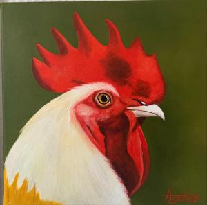a painting of a red and white rooster at trash de luxe in Schleswig