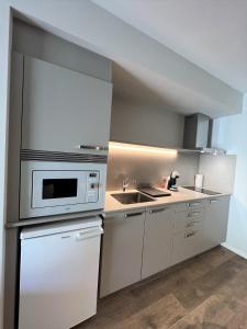 cocina con microondas y fregadero en Apartaments Turístics Conseller, en Andorra la Vella