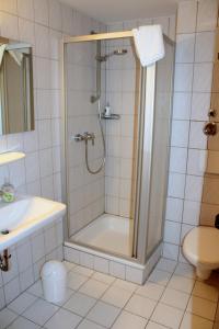 a bathroom with a shower with a sink and a toilet at Hotel Lamm in Nufringen