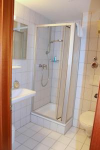 uma casa de banho com um chuveiro e um WC. em Hotel Lamm em Nufringen
