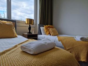 Duas camas num quarto com uma janela em Remarkable 3-Bed Apartment in London em Londres
