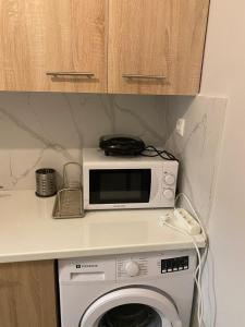 a microwave sitting on a counter next to a washing machine at Aris Apartment in Athens