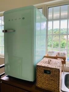 鹿谷的住宿－嘉樂的家，水槽旁的台面上放置的绿色冰箱