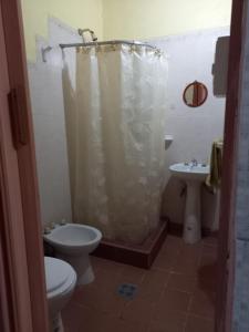a bathroom with a shower and a toilet and a sink at La casita de abu! in Salta