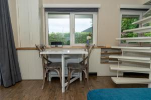a table and two chairs in a room with a window at Klein Polderhuis - tuinhuis in Roelofarendsveen