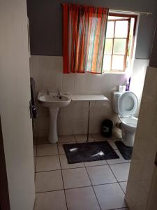 een badkamer met een wastafel, een toilet en een raam bij Pendleberry Holiday Resort - Unit 40 in Bela-Bela