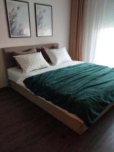 ein Bett mit einer grünen Decke und einem Fenster in der Unterkunft Studio City day in Jagodina