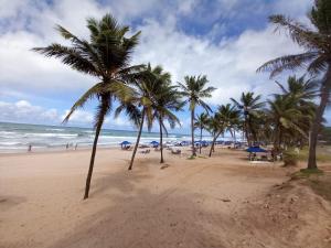 a beach with palm trees and the ocean at Village - Condomínio Mansão da Lagoa in Salvador