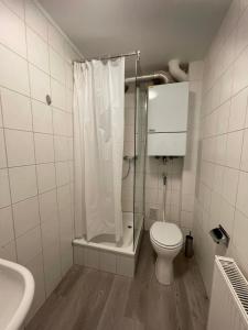 uma casa de banho com um chuveiro, um WC e um lavatório. em estrella24 LIVING ROOMS New York em Herne