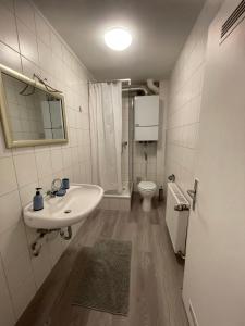 uma casa de banho com um lavatório e um WC em estrella24 LIVING ROOMS New York em Herne