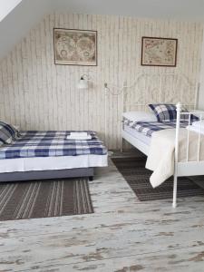 a bedroom with two beds with blue and white at Seaside in Gdańsk