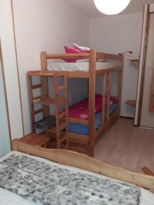 two bunk beds in a room with a rug at Les Pierres Blanches 2 pieces cosy et fonctionnel in Les Contamines-Montjoie