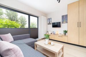 un soggiorno con divano e tavolo di Cozy Studio Apartments Sauna & AC Kraków by Renters a Cracovia
