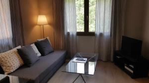 uma sala de estar com um sofá e uma mesa de vidro em Apartamento Chalet en Casa Rural Camp de Claror em Sant Julià de Lòria