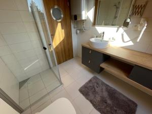 a bathroom with a sink and a shower with a mirror at Apartman 511 in Lipno nad Vltavou +9 photos