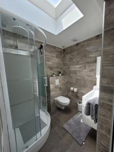 a bathroom with a glass shower and a toilet at B&B Mooi Betuwe in Tiel