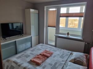 a bedroom with a bed with two towels on it at Pas Romaną in Zarasai