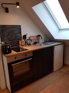 eine Küche mit einer Spüle, einem Herd und einem Fenster in der Unterkunft Efri-Gegnishólar in Selfoss