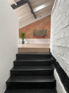 Una pared de ladrillo y escaleras con una planta. en Bluu House, en Llanes