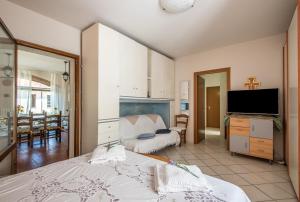 1 dormitorio con 1 cama y TV y sala de estar. en Casa Vacanze Chianti Summer, en Gaiole in Chianti