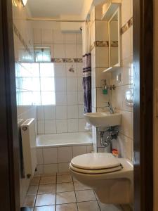 a bathroom with a toilet and a sink and a tub at Altstadt Pension Herborn in Herborn