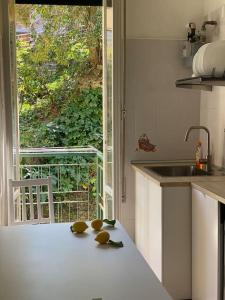 una cocina con tres limones en una encimera frente a una ventana en La casa di Andrea Grande Appartamento a due passi dalle spiagge, en Rapallo