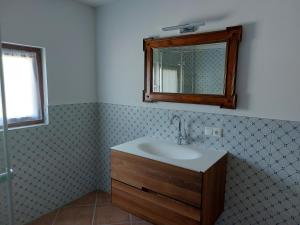ein Bad mit einem Waschbecken und einem Spiegel in der Unterkunft Haus Erni in Bad Aussee