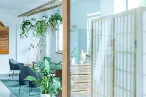 Zimmer mit Topfpflanzen und einem Spiegel in der Unterkunft Metzenhof in Kronstorf