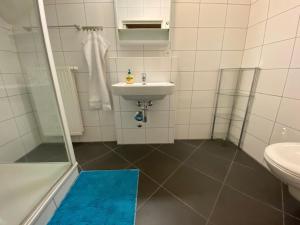 安特特澤的住宿－Maisonette im Penthouse-Stil ca 145m2 mit viel Privatsphäre - direkt am Walensee mit Badestrand，白色的浴室设有水槽和淋浴。