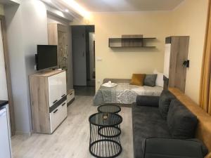 a small living room with a couch and a bed at Sunrise City A2, Sarafovo in Burgas