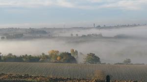 a foggy field with trees and fields in the background at Chambre d'Hôtes La Courbe in Lugan