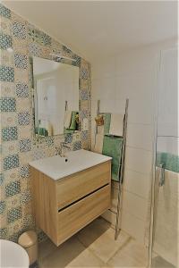 a bathroom with a sink and a mirror at Chambre d'Hôtes La Courbe in Lugan