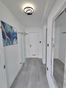 a hallway with white walls and a large mirror at Business Style Apartment Ludwigshafen *Free Parking and WiFi* in Ludwigshafen am Rhein