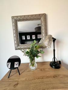 a mirror on a table with a lamp and a vase with a plant at Luxury Belfast Stay in Belfast