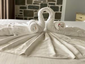 2 cygnes faits de serviettes sur un lit dans l'établissement Hotel Sarajet e Pashait 1, à Dhërmi