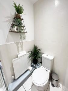 a bathroom with a toilet and plants in it at Luxury Belfast Stay in Belfast