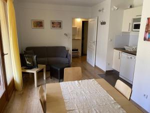 sala de estar con sofá y cocina en Appartement Formiguères, 2 pièces, 4 personnes - FR-1-295-140, en Formiguères