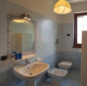 een badkamer met een wastafel, een toilet en een spiegel bij Villetta Cece Bella vista sul Garda By Garda Domus Mea in Tremosine Sul Garda