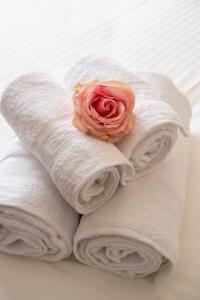 rosa sentada encima de las toallas en Suites Mana - Le Manaloft ****, en Rethel
