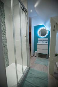 La salle de bains est pourvue d'une douche et d'un lavabo avec un miroir. dans l'établissement Chambre Jungle dans maison d'hote "Le Petit Clouet"- Rochecorbon, à Rochecorbon