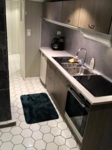 a small kitchen with a sink and a stove at Basement Apartment Varadero in Lyngdal +2 photos