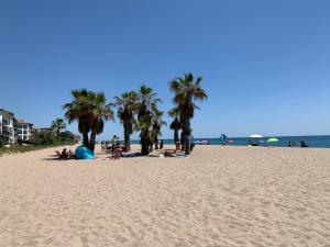 un grupo de personas en una playa con palmeras en Casa de playa, en Tarragona