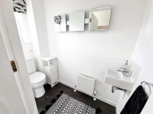 a bathroom with a toilet and a sink and mirror at Homely Three Bed Holiday Home in Glasgow in Glasgow