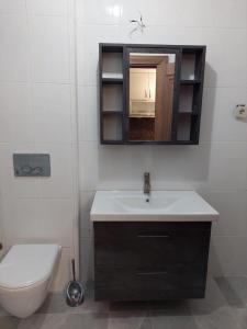 a bathroom with a sink and a toilet and a mirror at Çelebi Suite Home in Istanbul